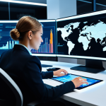 A focused female business analyst in a modest business suit, fully clothed, sitting at a sleek desk. She is surrounded by multiple holographic screens displaying complex data, charts, and streams of information. Her gaze is sharp, pinpointing a specific, significant insight amidst the digital noise. Her hands are naturally placed on a tablet, engaging with the interface. The environment is a futuristic, minimalist office with soft ambient lighting. Perfect anatomy, correct proportions, natural pose, well-formed hands, proper finger count. Professional photography, high detail, sharp focus, vibrant colors, safe for work, appropriate content, family-friendly.