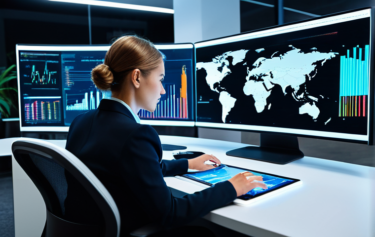 A focused female business analyst in a modest business suit, fully clothed, sitting at a sleek desk. She is surrounded by multiple holographic screens displaying complex data, charts, and streams of information. Her gaze is sharp, pinpointing a specific, significant insight amidst the digital noise. Her hands are naturally placed on a tablet, engaging with the interface. The environment is a futuristic, minimalist office with soft ambient lighting. Perfect anatomy, correct proportions, natural pose, well-formed hands, proper finger count. Professional photography, high detail, sharp focus, vibrant colors, safe for work, appropriate content, family-friendly.