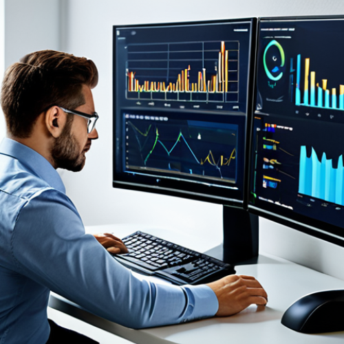 Home 10 **
A professional data analyst, fully clothed in business casual attire, working on a data visualization dashboard in a modern office environment, surrounded by computer monitors and charts. Safe for work, perfect anatomy, natural pose, appropriate content, professional.
**