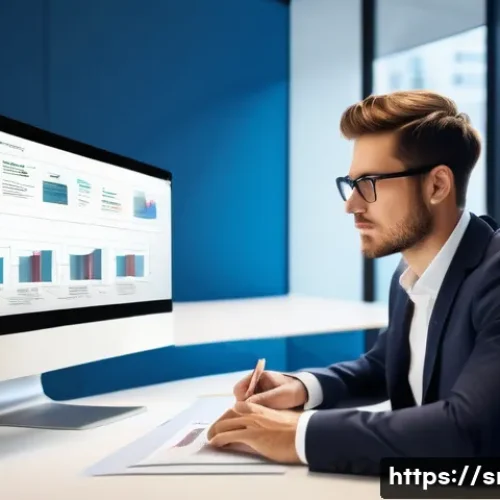 Home 13 인터넷정보검색 실무에서 자주 사용하는 검색 최적화 도구 - A focused young professional, dressed in smart casual attire, sits at a contemporary desk, intently ...