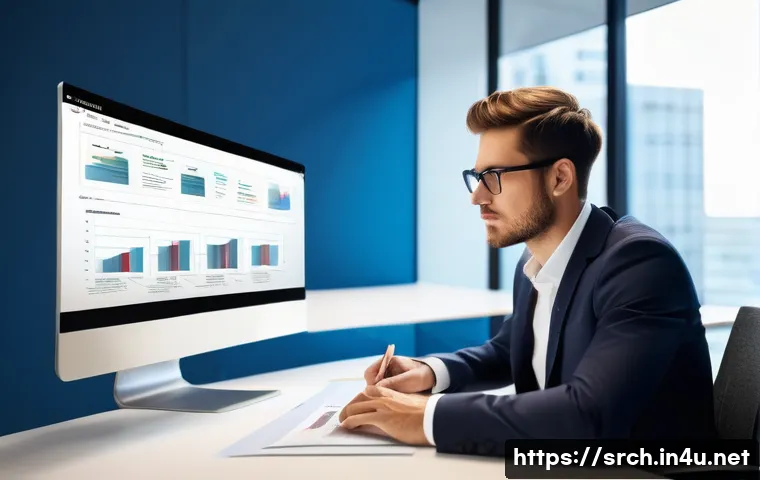 인터넷정보검색 실무에서 자주 사용하는 검색 최적화 도구 - A focused young professional, dressed in smart casual attire, sits at a contemporary desk, intently ...